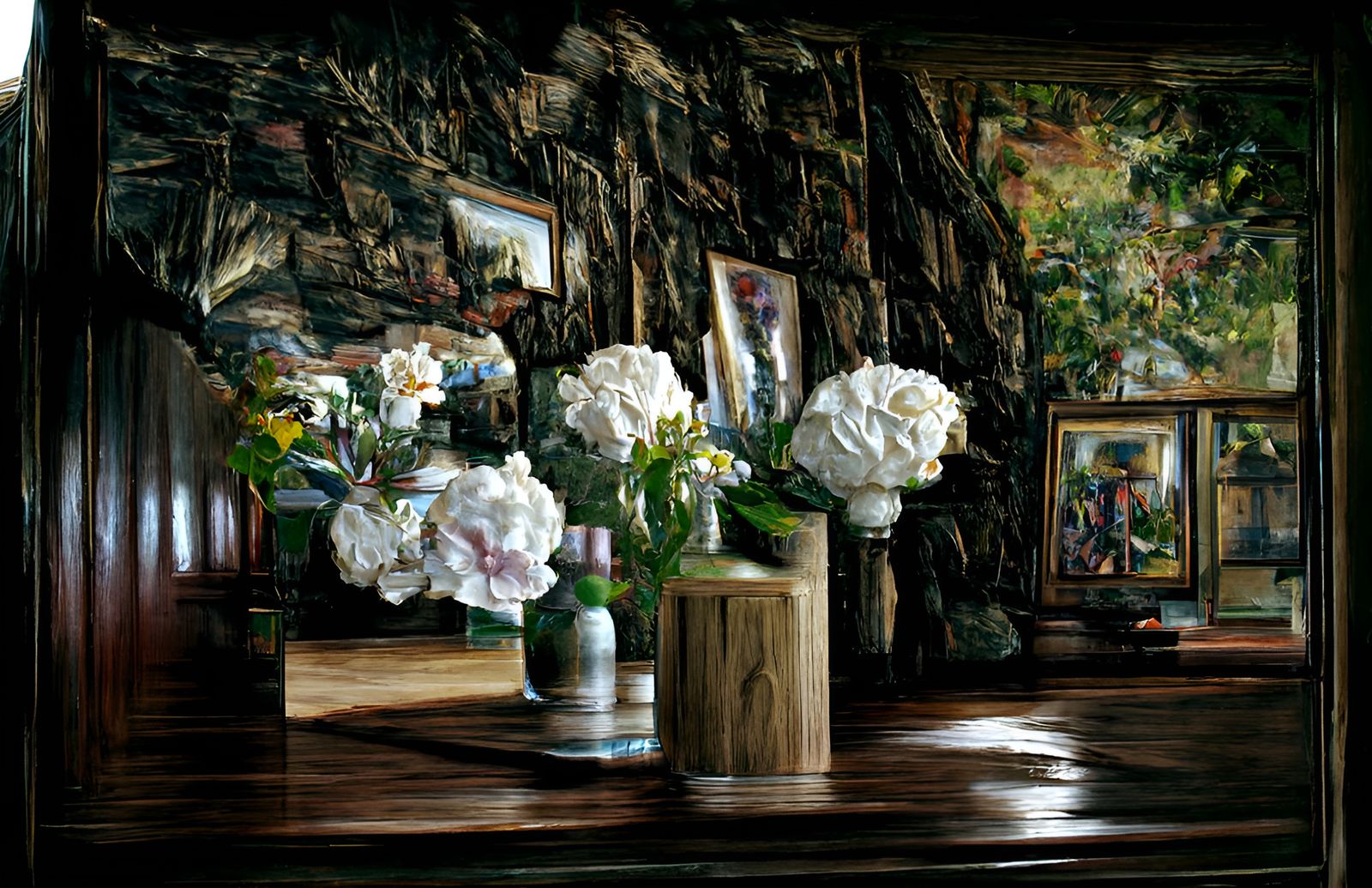 Hyperrealistic Still Life with Flowers and Billowing Curtain...