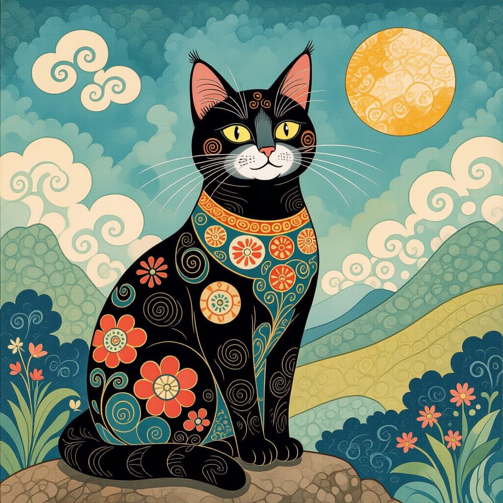 Imperial Cat in Watercolor Style with Bokeh Landscape