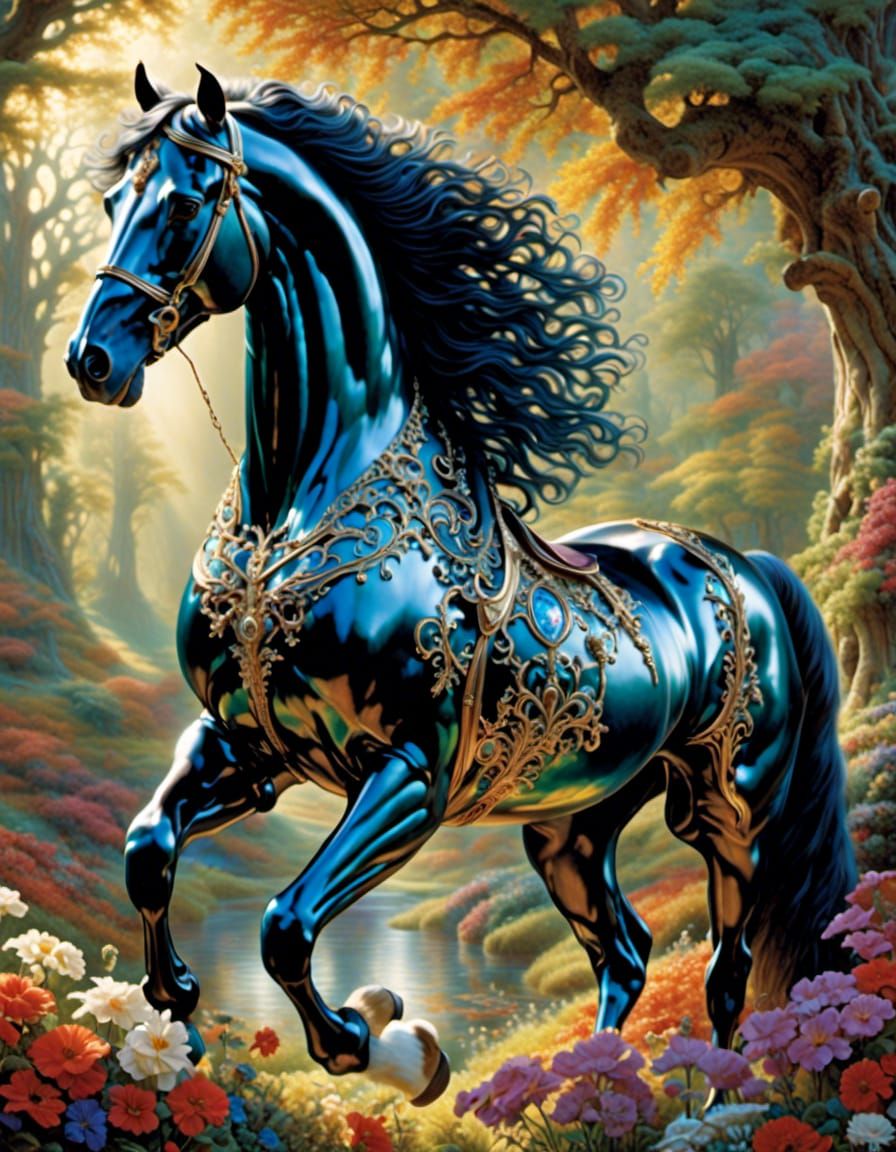Iridescent Friesian Horse in Fantasy Style