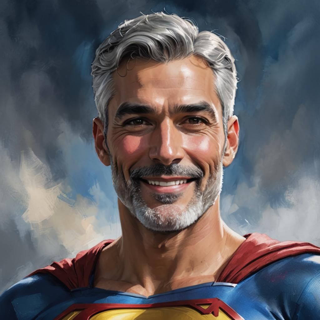 Smiling Silver-Haired Superman in Colorful Digital Art