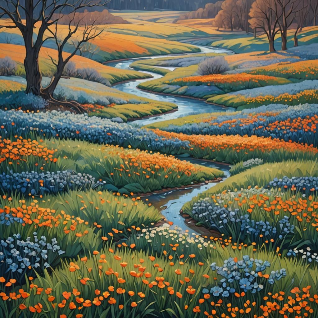 Vibrant Color Field: River Through Flower Meadow