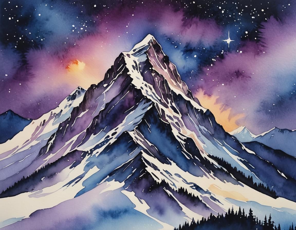 Watercolor Mountain Peak Under Starry Night Sky