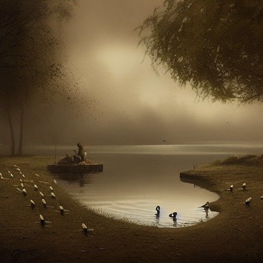 Sinister Ducks in Polluted Lake, Dark Fantasy Art