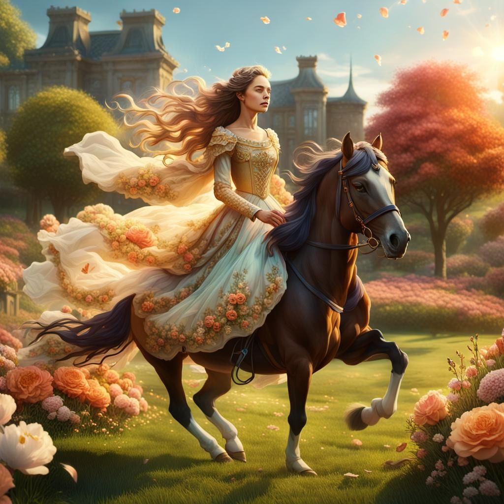Lady on Horseback in Floral Fantasy Landscape