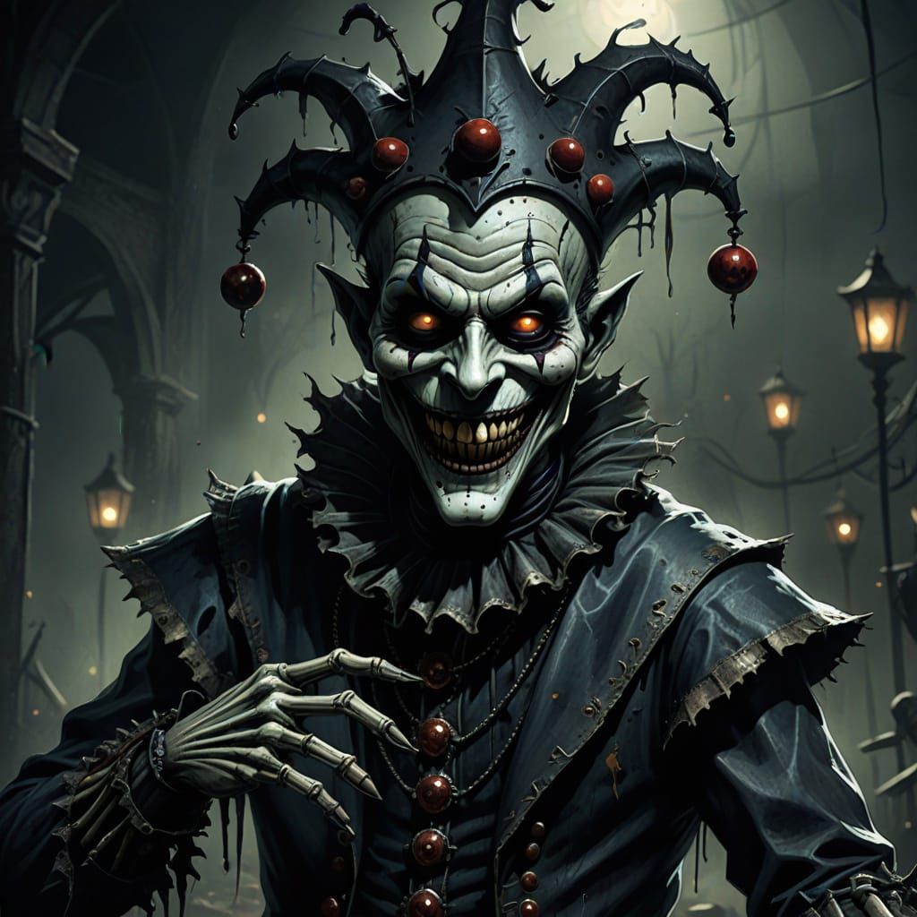 Eerie Carnival Horror Character with Skeletal Hands