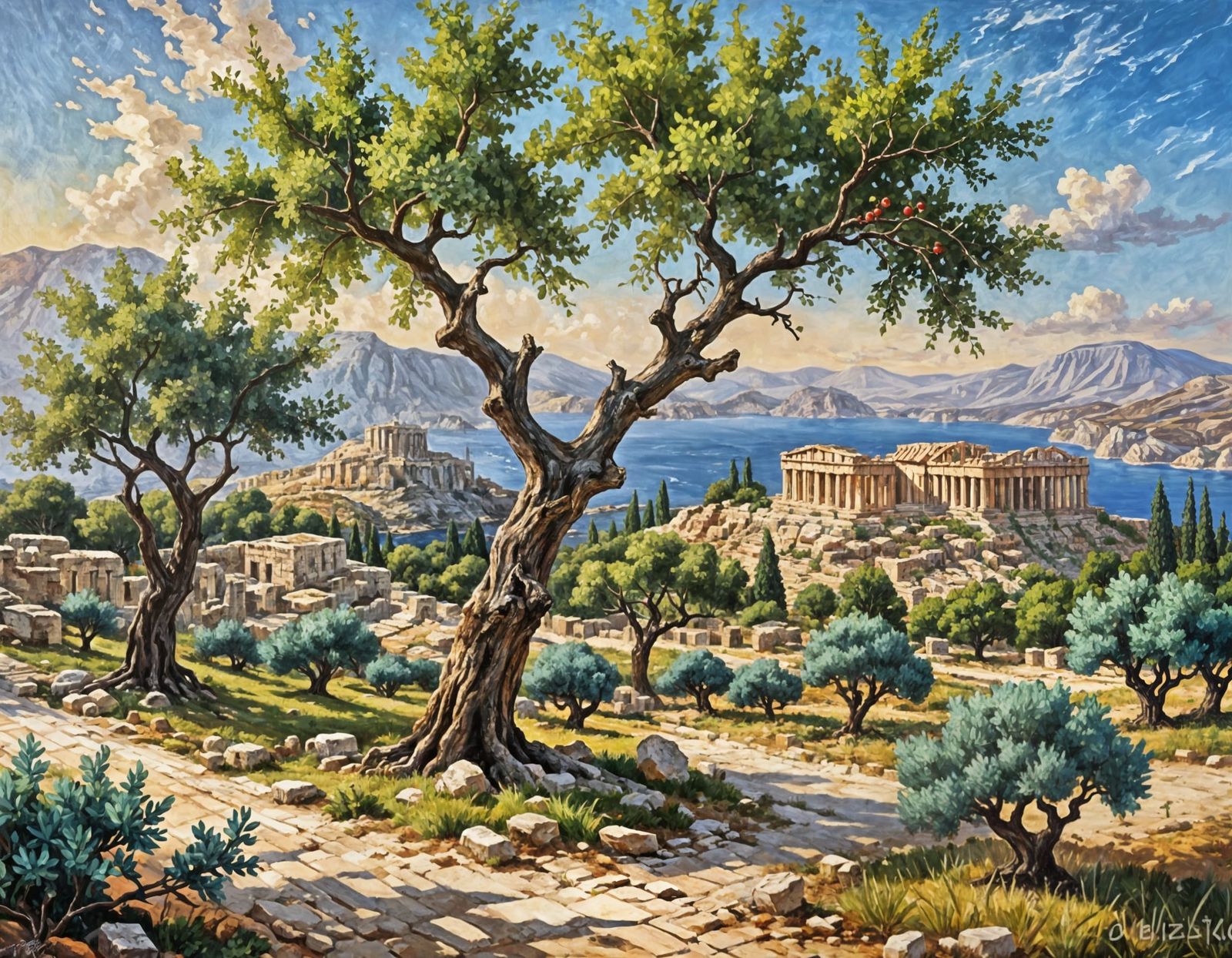 Vibrant Ancient Greek Landscape with Olive Trees in Oil Pain...