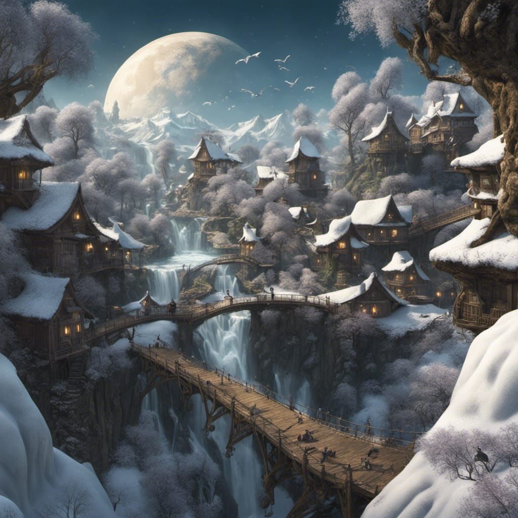 Fantasy Forest Village with Dragons and Waterfalls