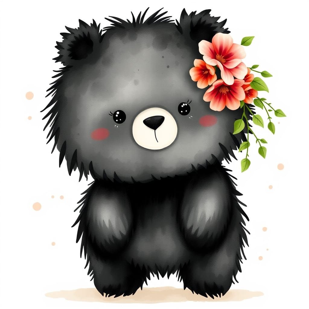Whimsical Baby Bear in Flower Crown Storybook Illustration