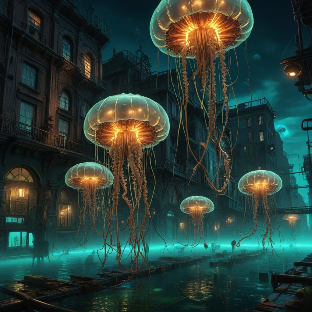 Steampunk Underwater Cityscape with Bioluminescent Lights