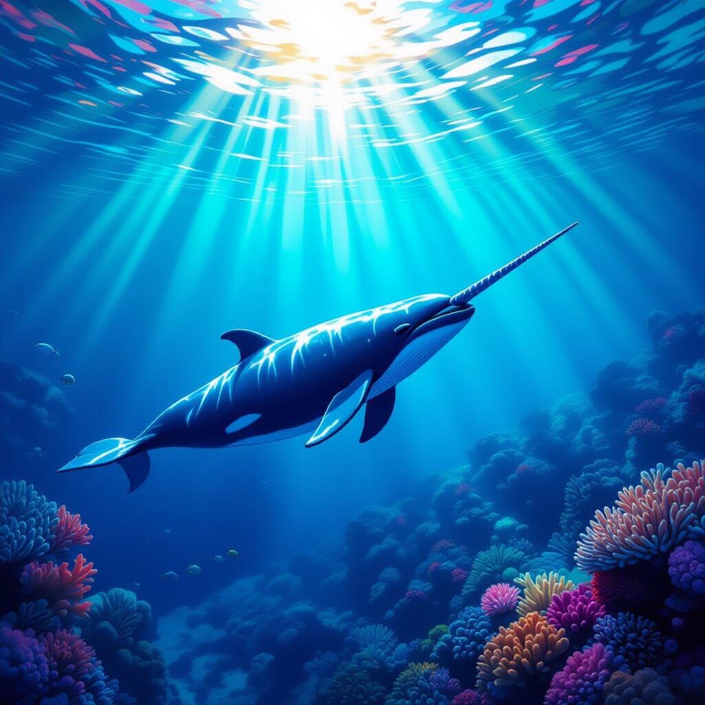 Graceful Narwhal Swims Through Vibrant Coral Reef
