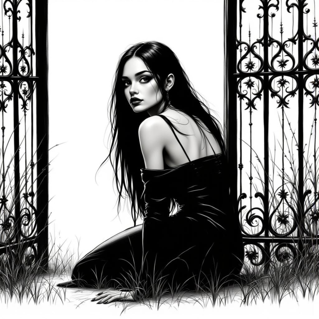Gothic Silhouette: Stylized Woman in Charcoal Sketch Style