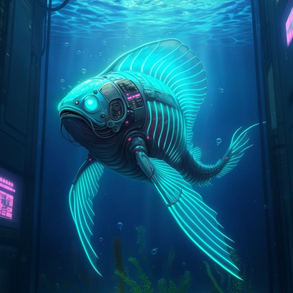 Art by Masamune Shirow, cyberpunk, a bioluminescent aquatic ...