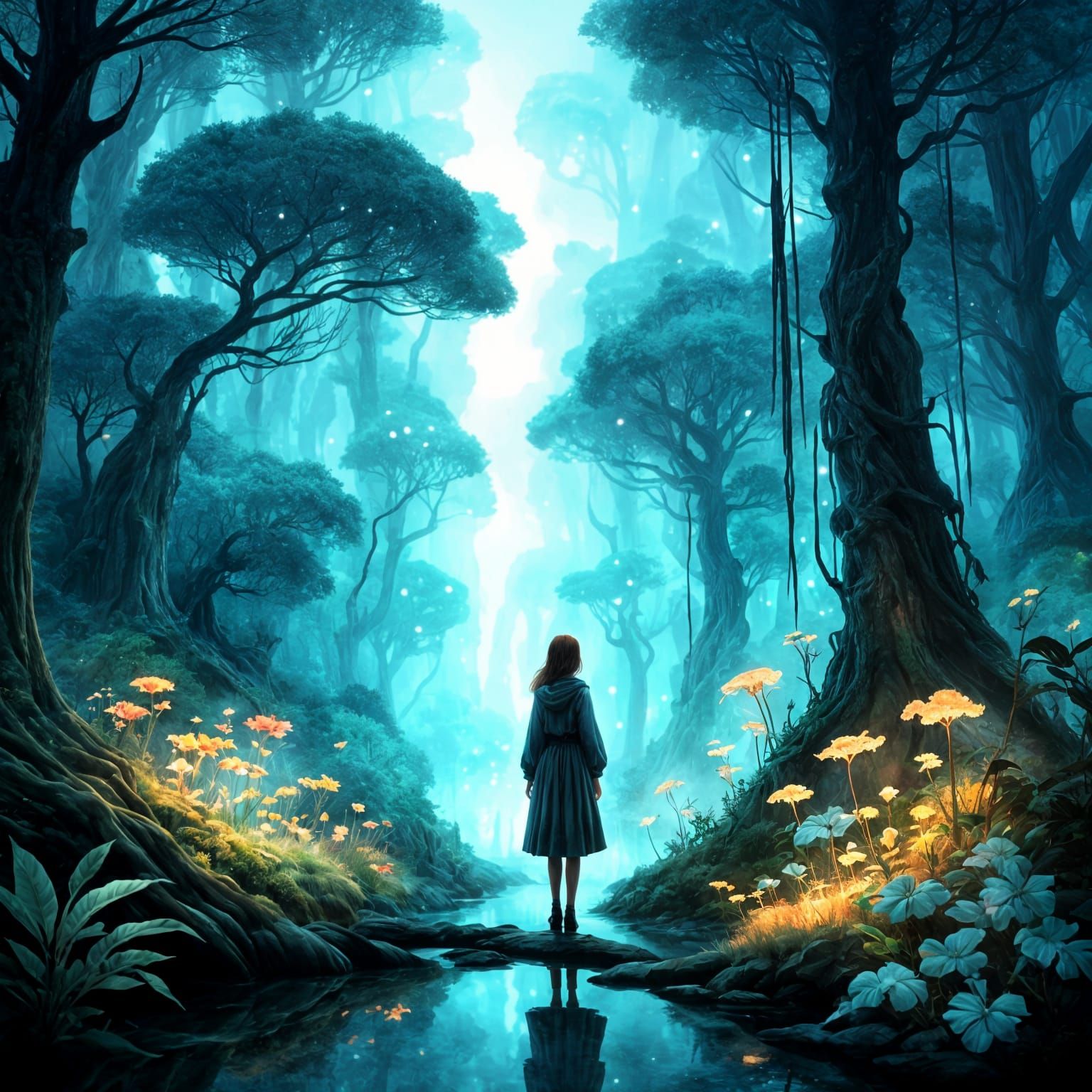 Ethereal Forest Adventure: Woman with Bioluminescent Flora