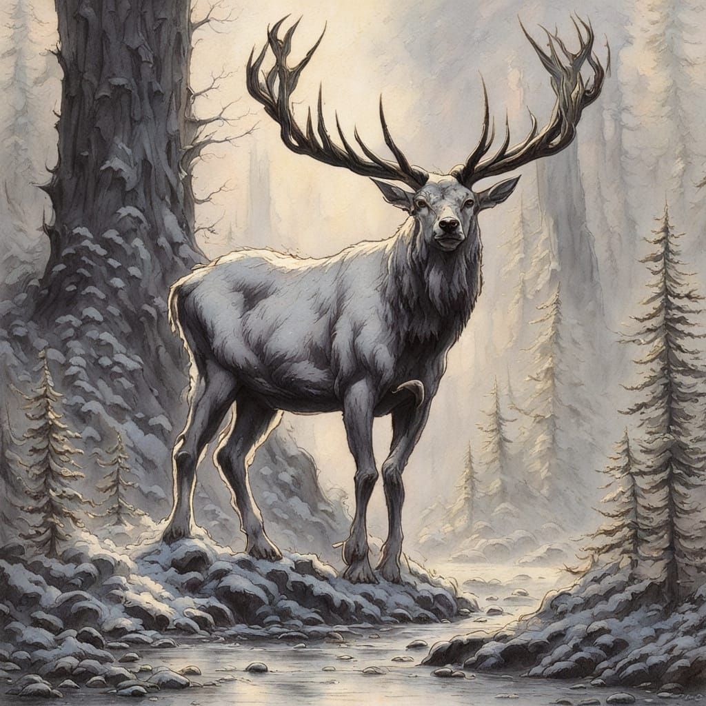 Mystical White Stag in Crystal Forest