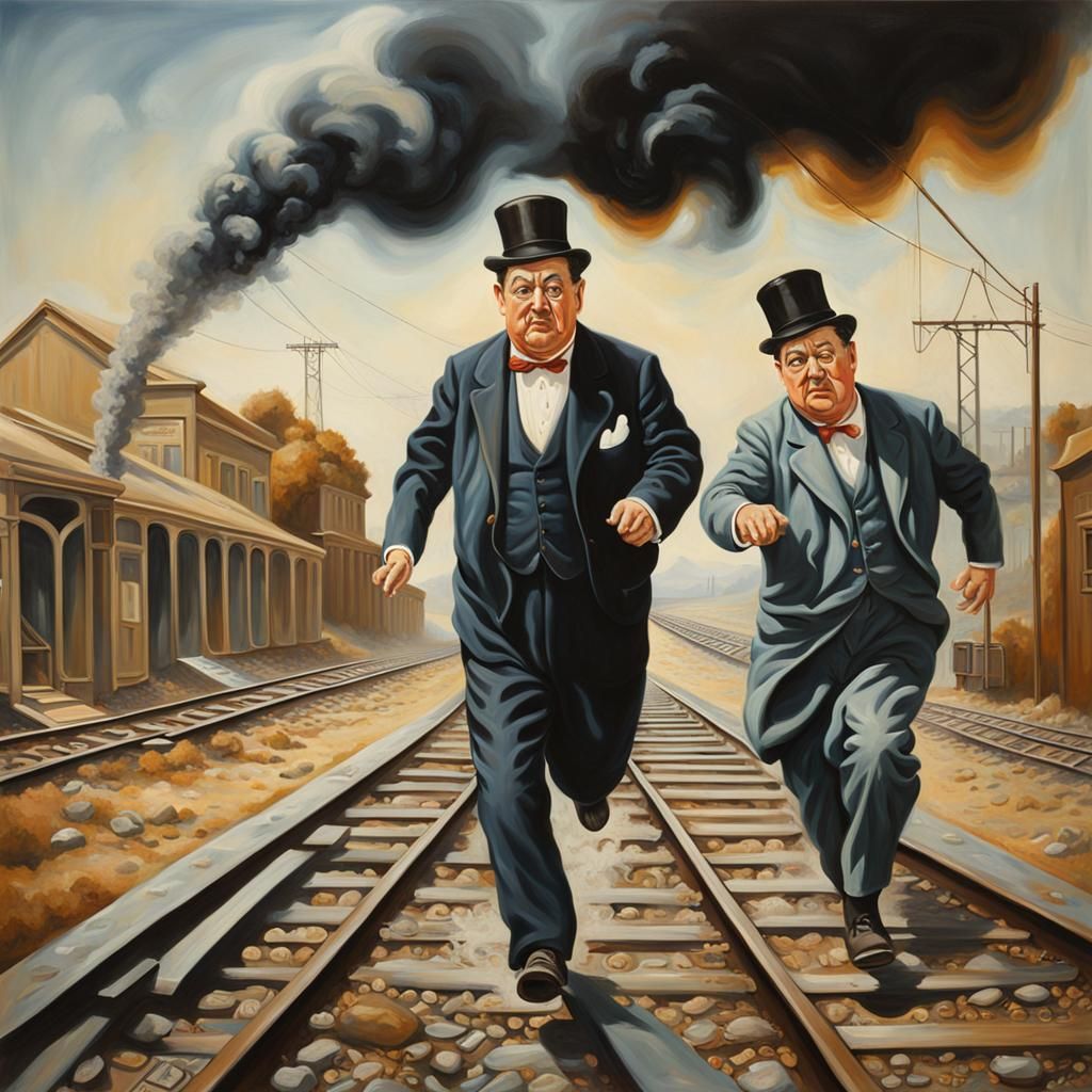 Laurel and Hardy in Surrealist Train Escape
