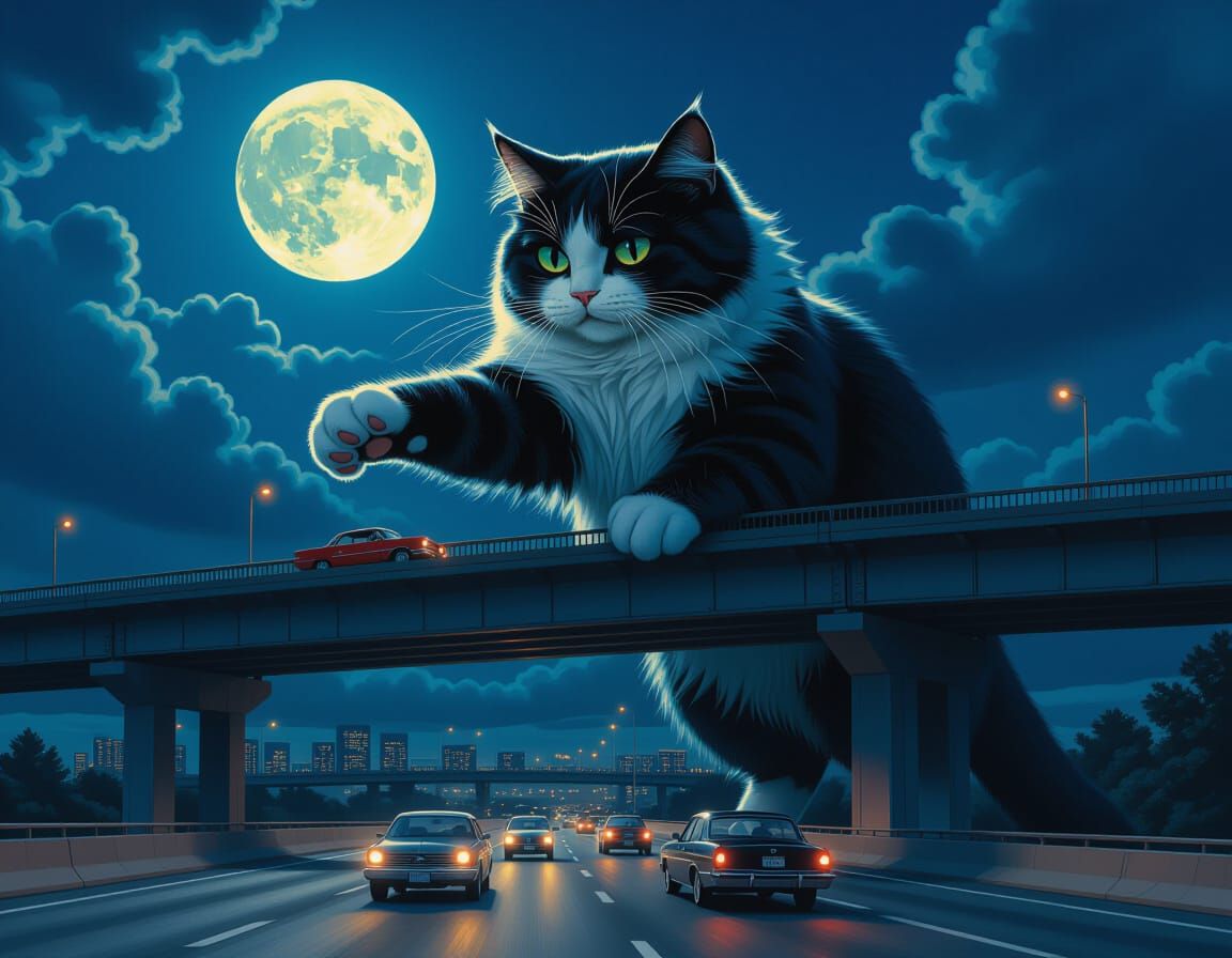 Giant Cat Pushes Car Off Bridge at Night
