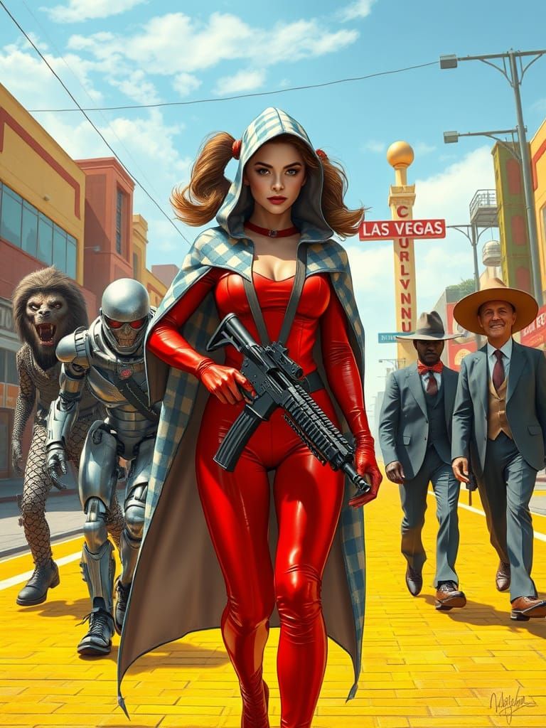 Cyberpunk Woman Walks Las Vegas Street with Robot and Werewo...