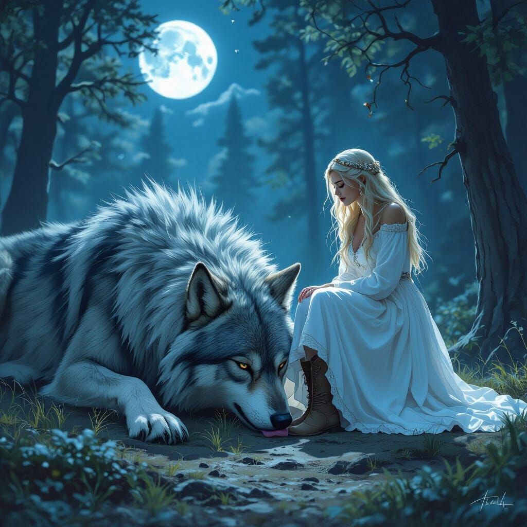 Fenrir Licking Freya's Feet in Moonlit Forest