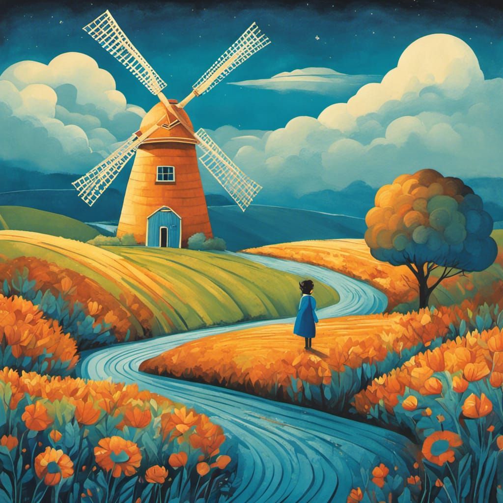 Boy and Windmill in Fairytale Storybook Illustration