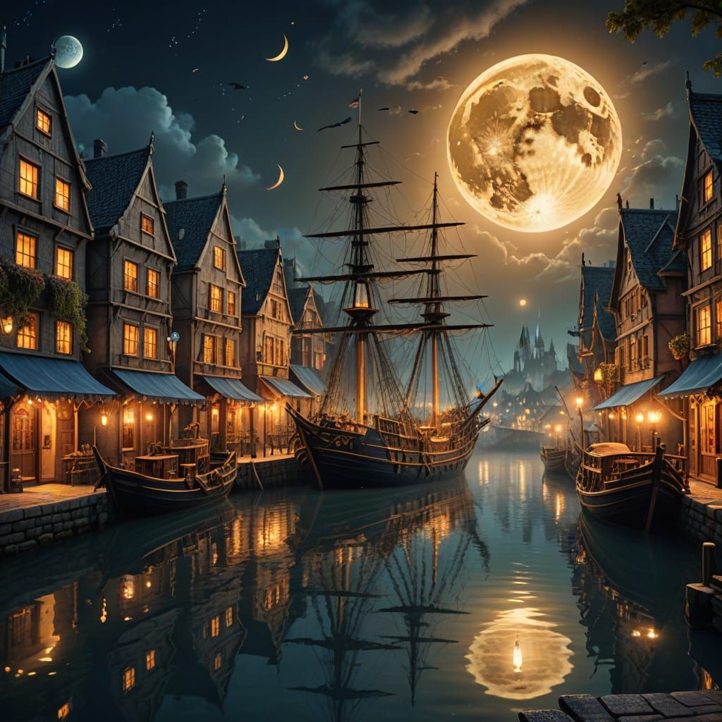 Mystical Harbor City Under Golden Glow