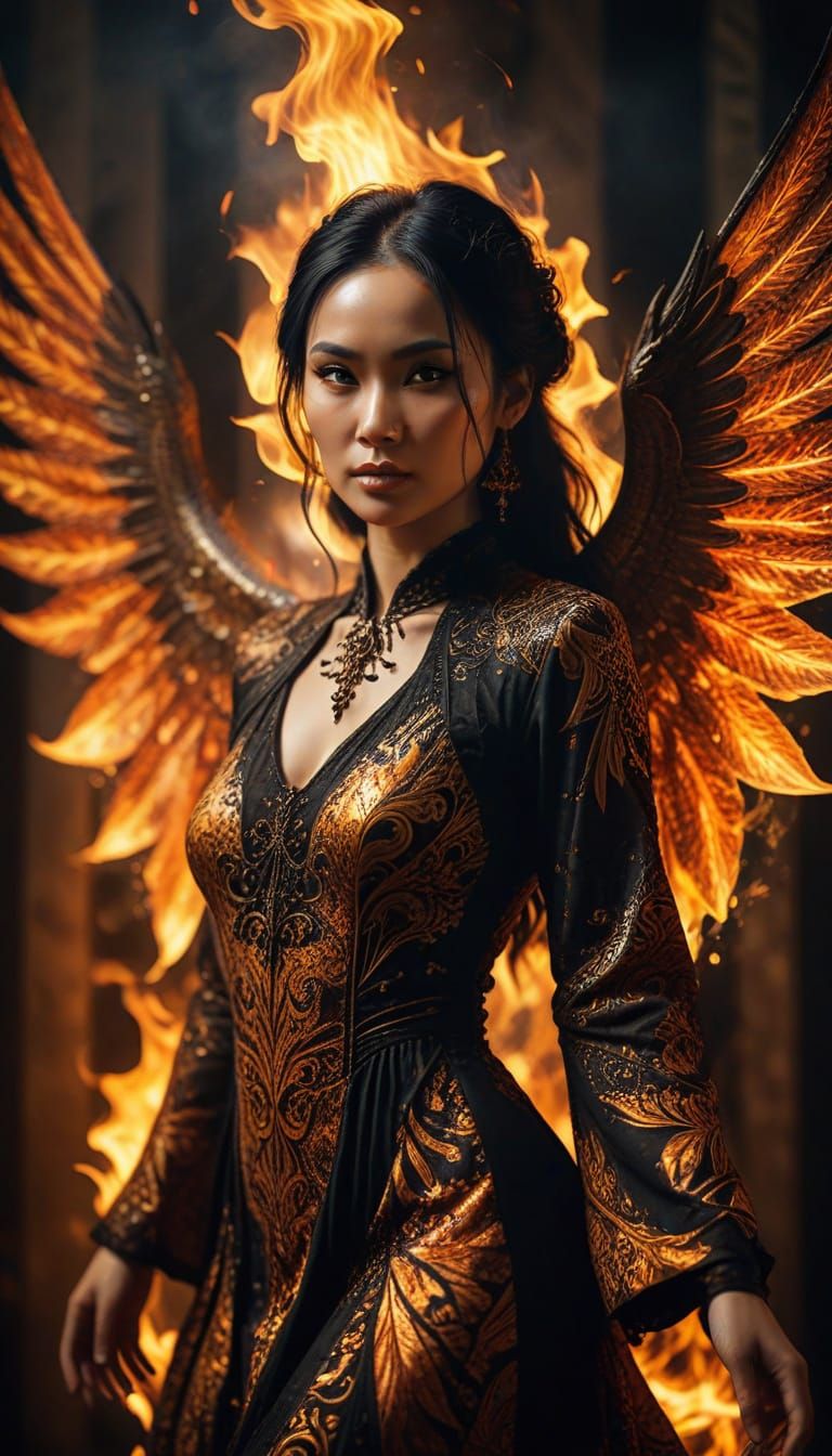 Fiery Gothic Woman in Batik Dress Portrait