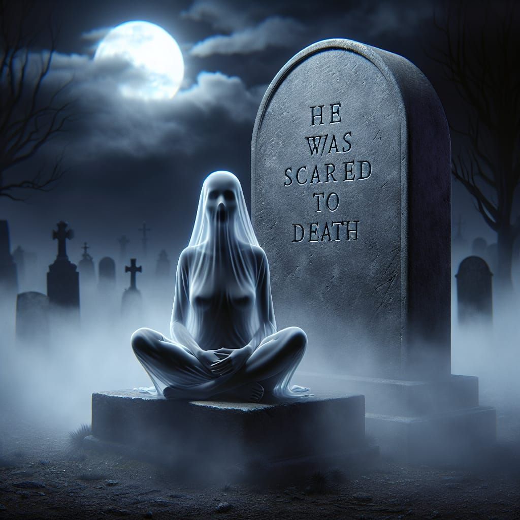 Ethereal Ghost on Tombstone in Moonlit Cemetery