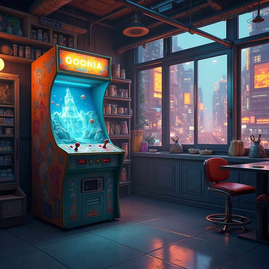 Vibrant Futuristic Arcade Machine in Convenience Store