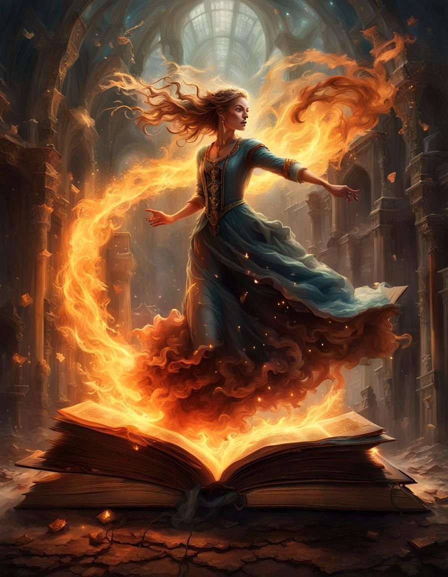 Flame Dancer Emerges from Book, Digital Art