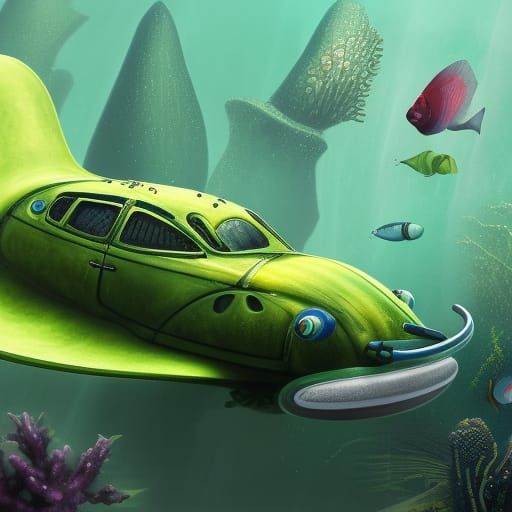 Chartreuse Beetle Submarine: Underwater Fantasy Concept Art