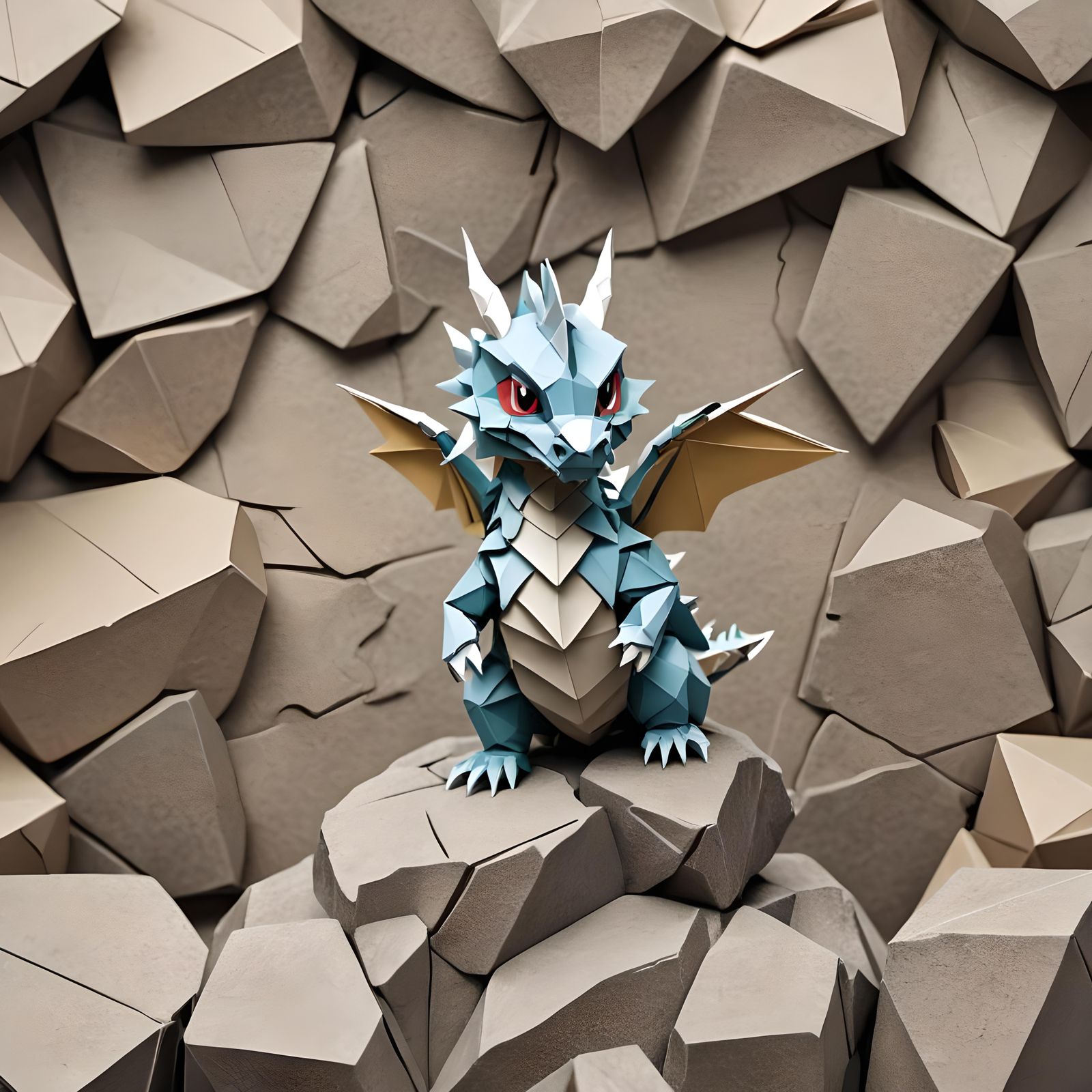 Chibi Dragon on Rock in Origami Papercraft Style