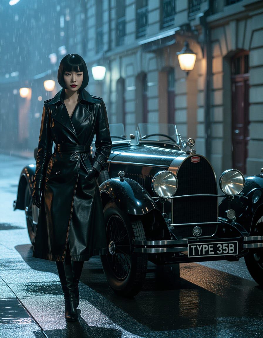 Noir Woman and Bugatti in Rain-Slicked Street