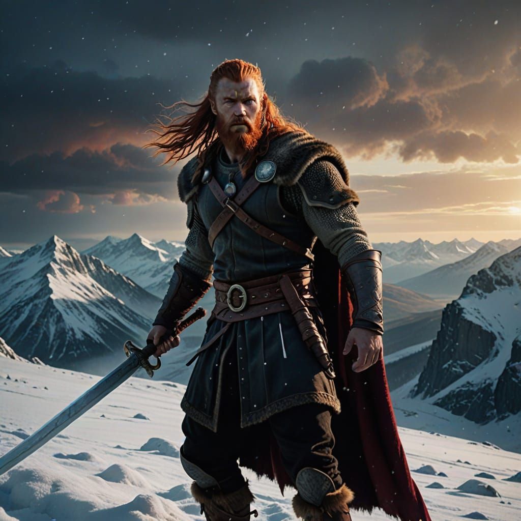 Viking Warrior Triumphant on Snowy Peak