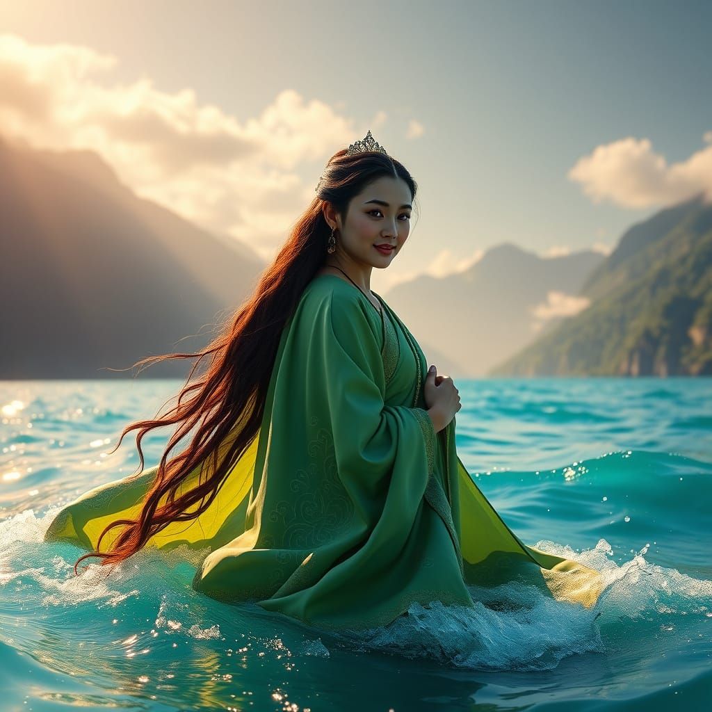 Divine Green Goddess Emerges from Turquoise Sea