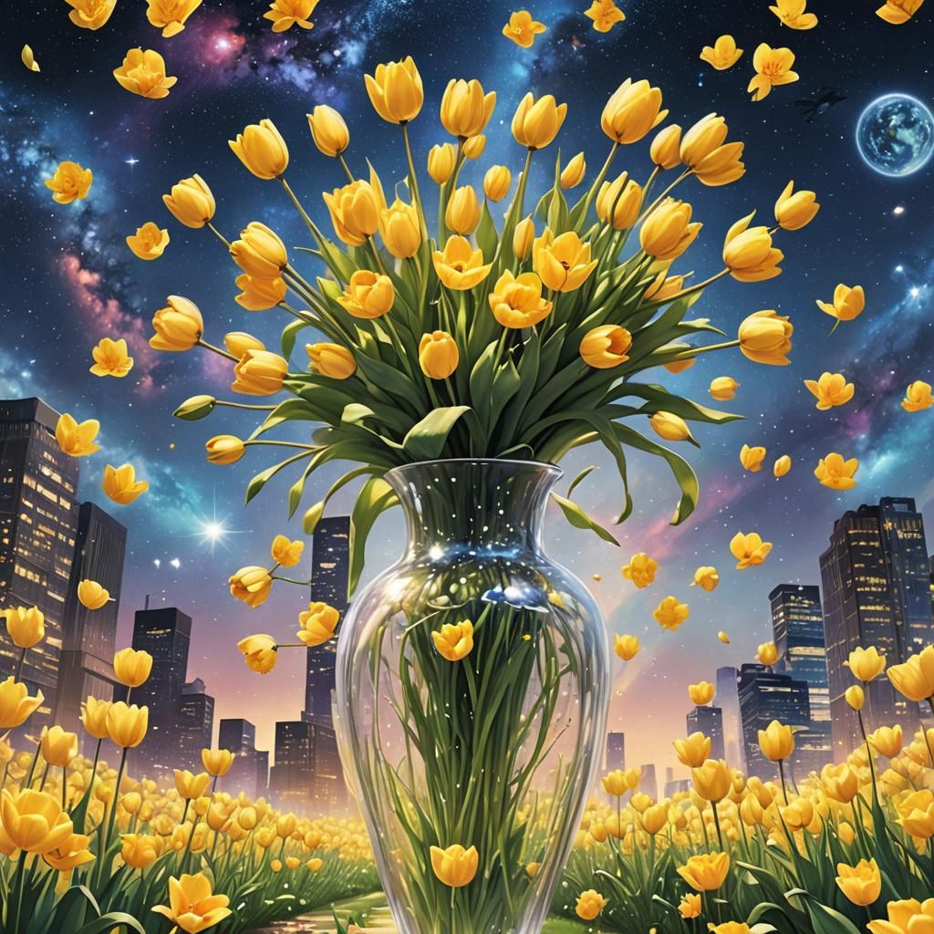 Galaxy Vase Yellow Tulip in Anime Style