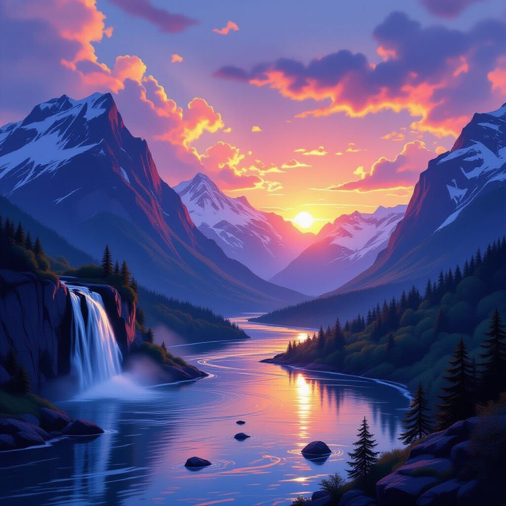 Serene Mountain Landscape with Vibrant Sunset