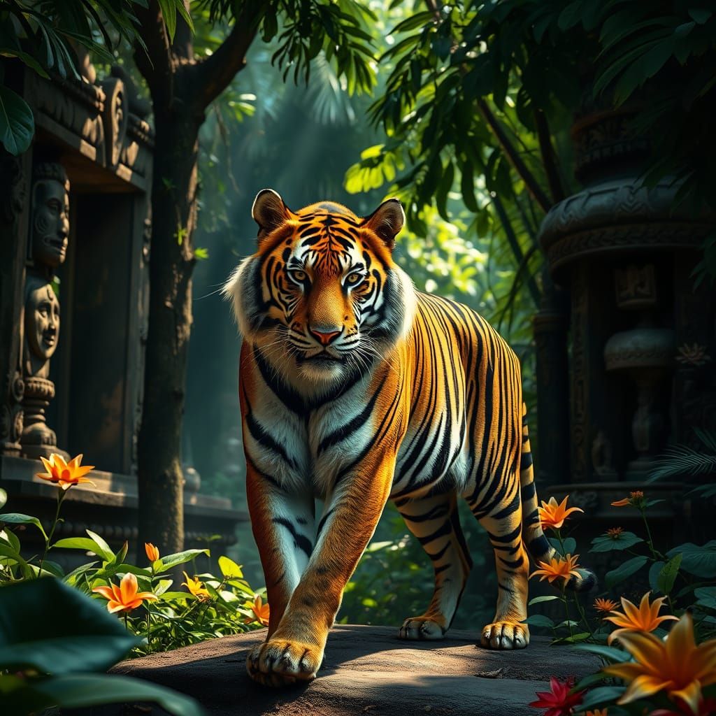Bengal Tiger in Jungle Temple, Hyperrealistic Wildlife Photo...