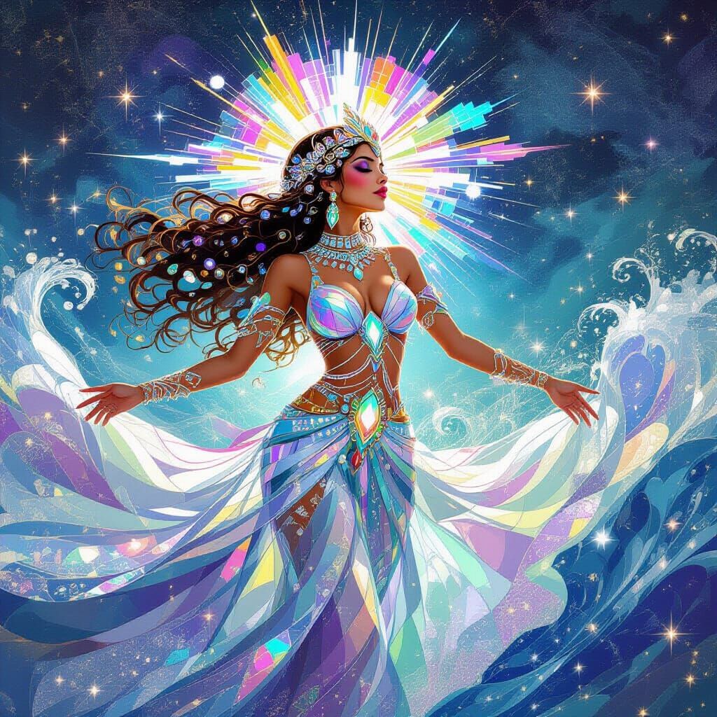 Iridescent Woman in Cosmic Dreamscape, Art Deco Style