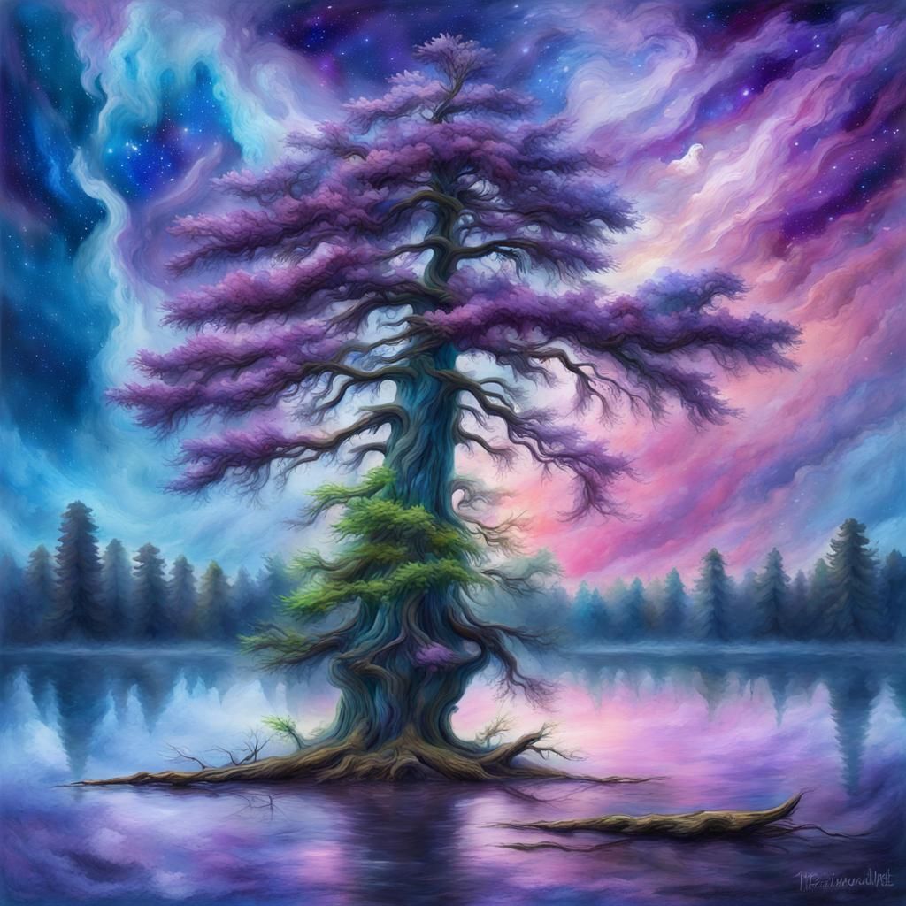 A magical Bald Cypress tree with leaves made of blue and purple clouds on a star nebula,