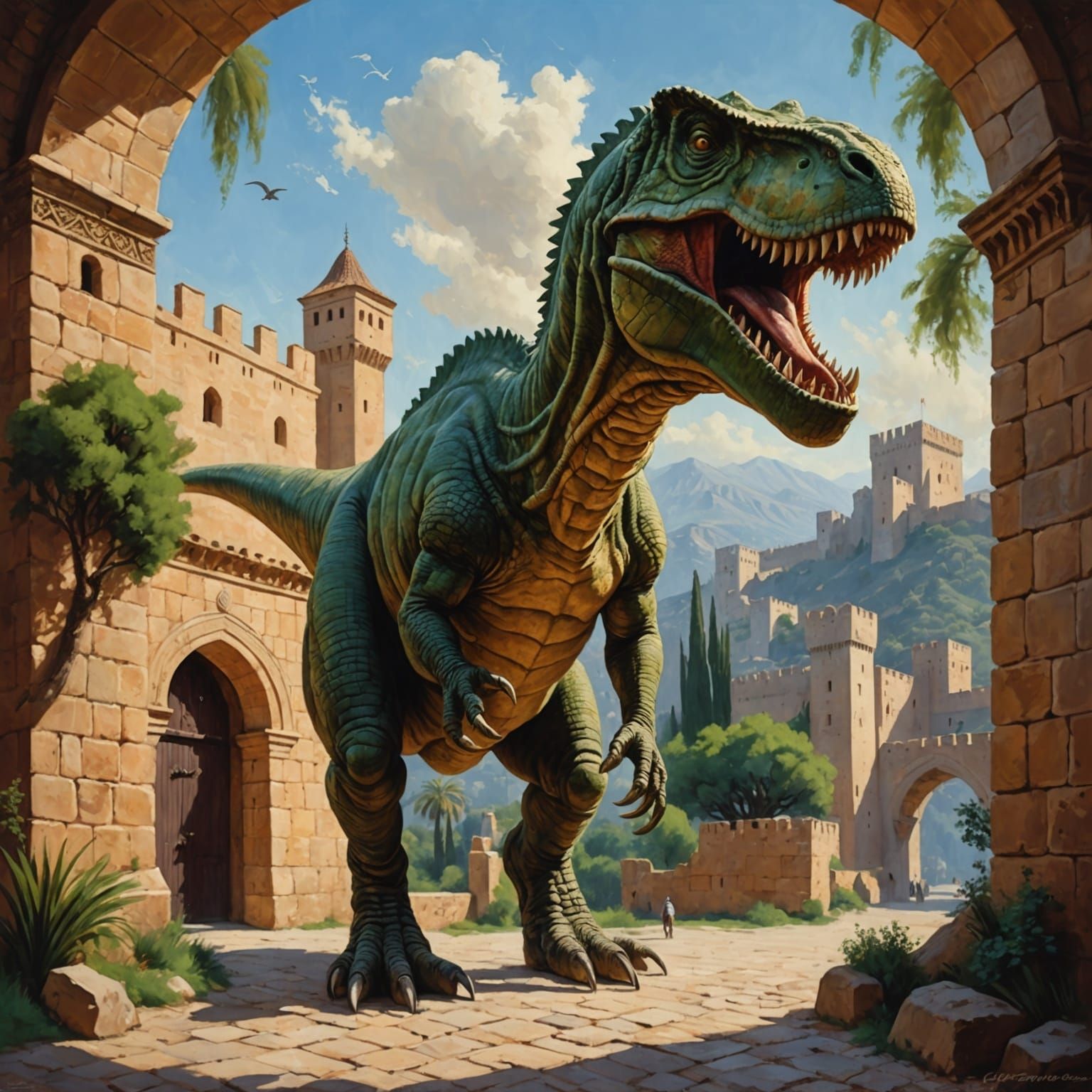 Tyrannosaurus Rex Roams Alhambra Castle: Oil Painting