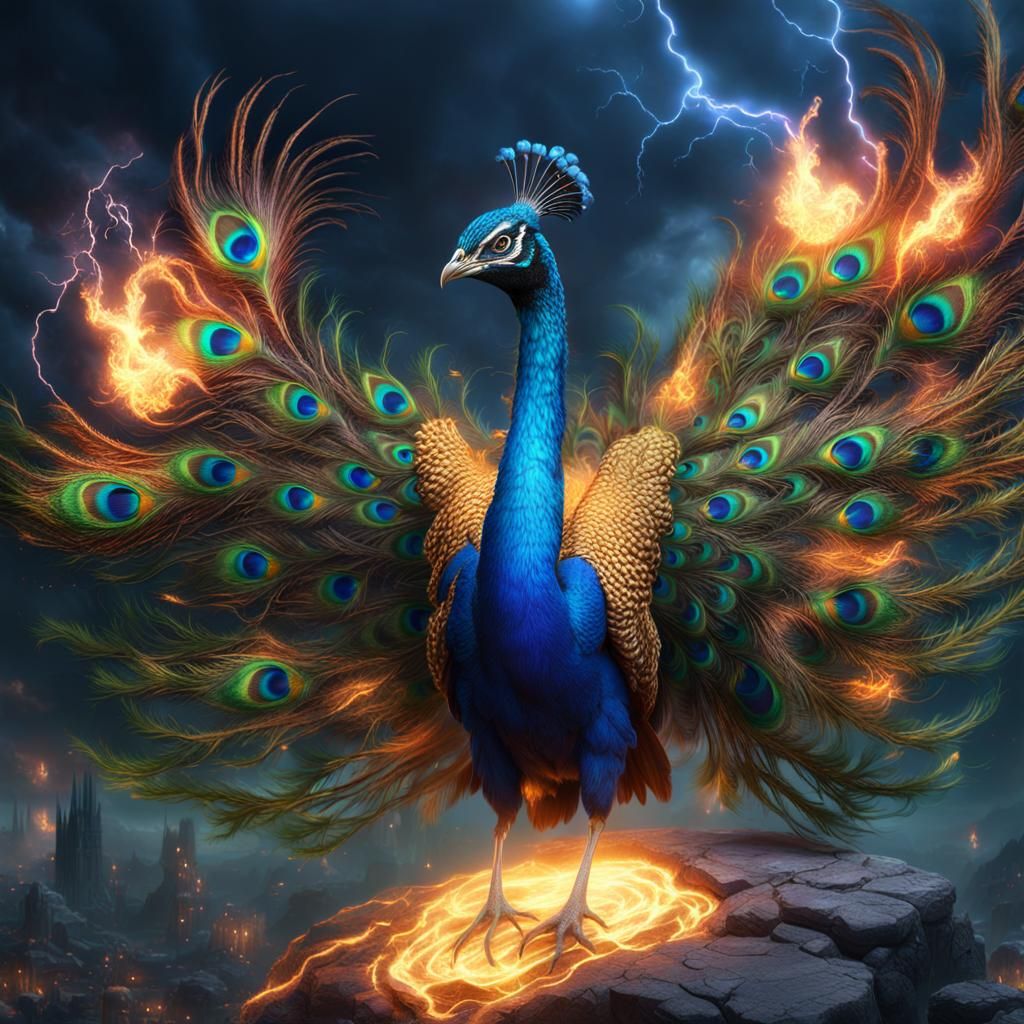Peacock Phoenix Ablaze in Lightning, Detailed Matte Painting