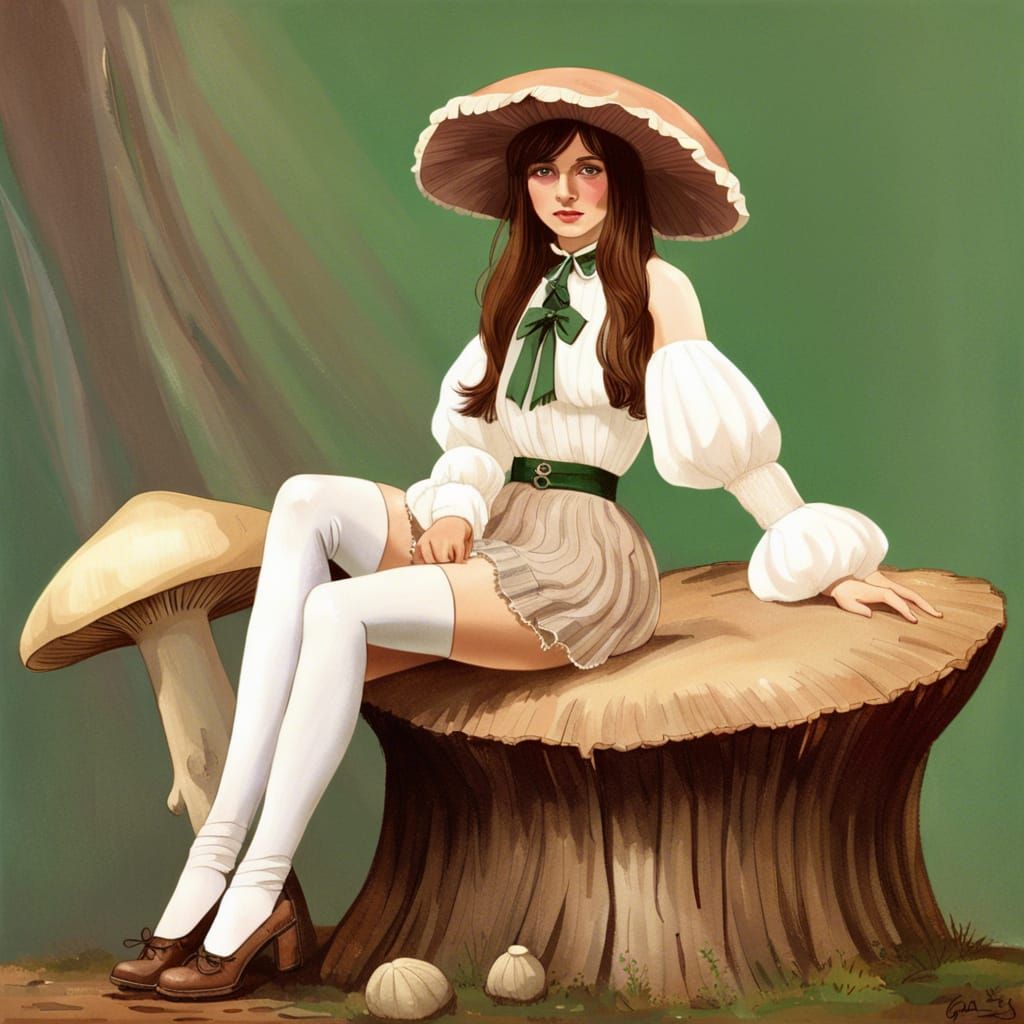 Mushroom Hat Woman in Hyperrealistic Flower Garden