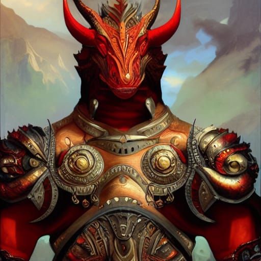 Handsome Red-Scaled Draconian in Volcanic Landscape