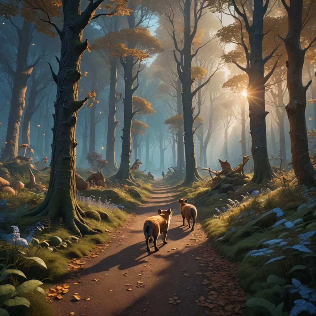 Fantasy Forest Path with Animals, Digital Matte Painting