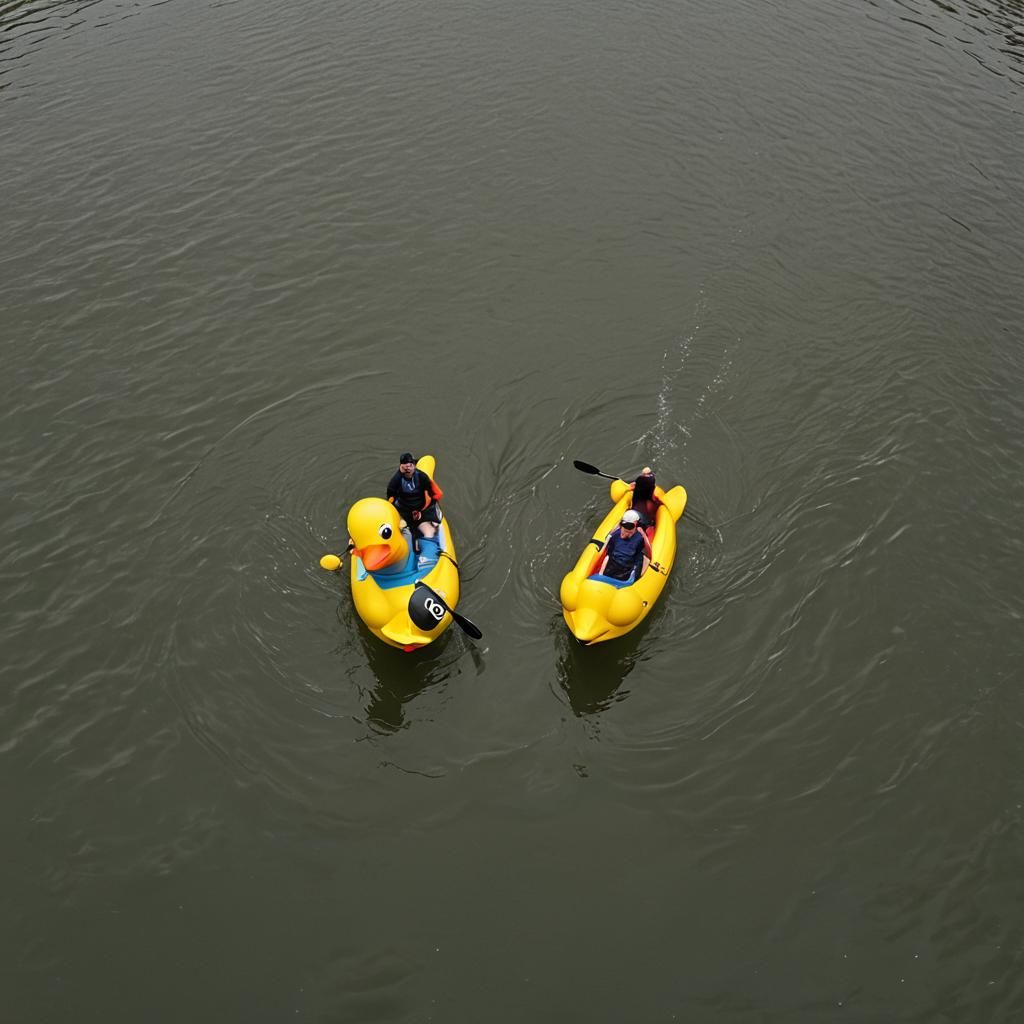 Man Paddling Giant Rubber Duck Boat on Charles River