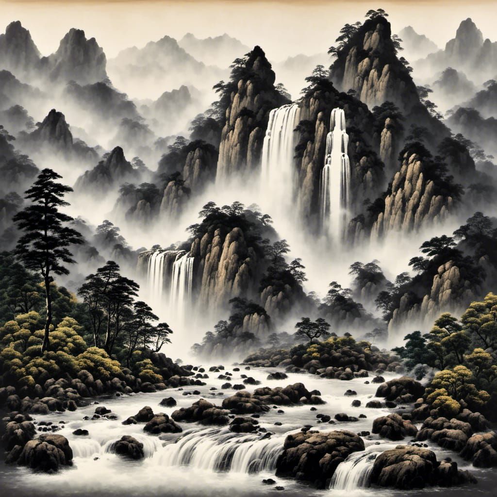 Mountain Waterfall Ink Brush Painting in 3D