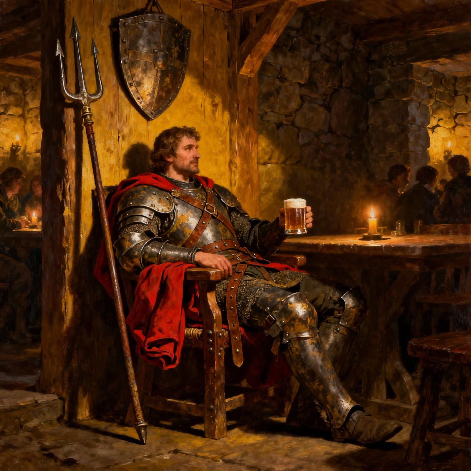 Paladin Rests in Tavern Corner, Oil Painting Style