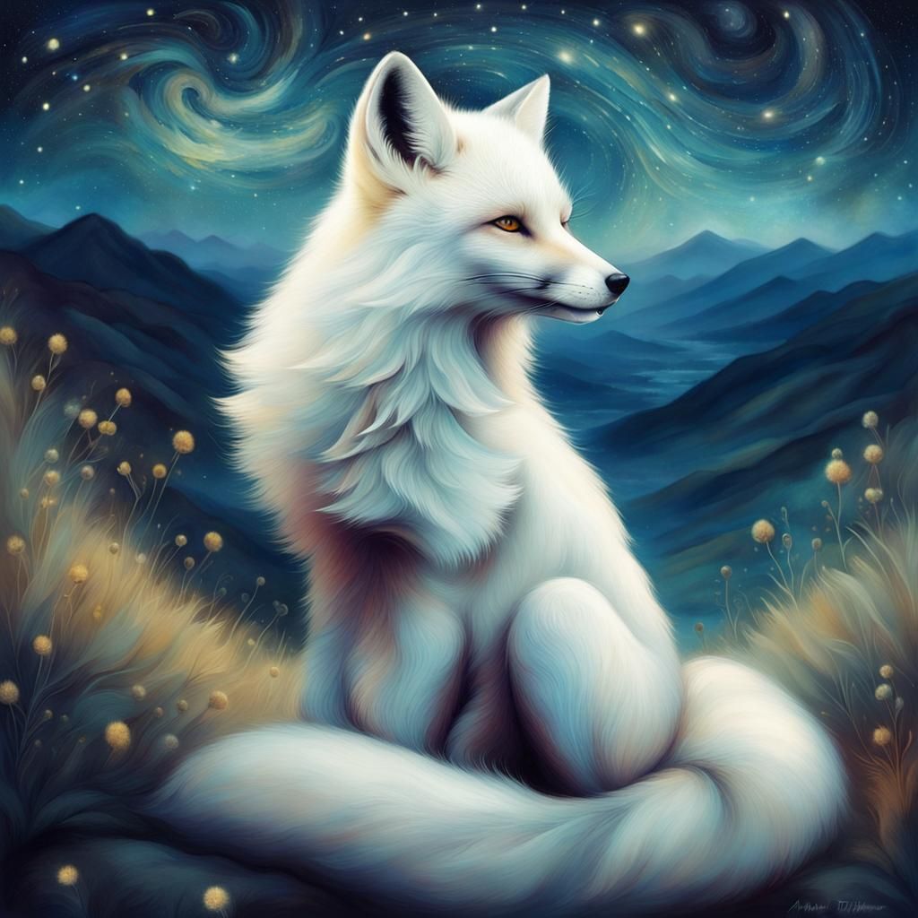 White Fox in Starry Night Landscape