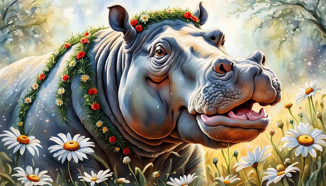 Golden Hippo Dances in Misty Meadow, Watercolor Style