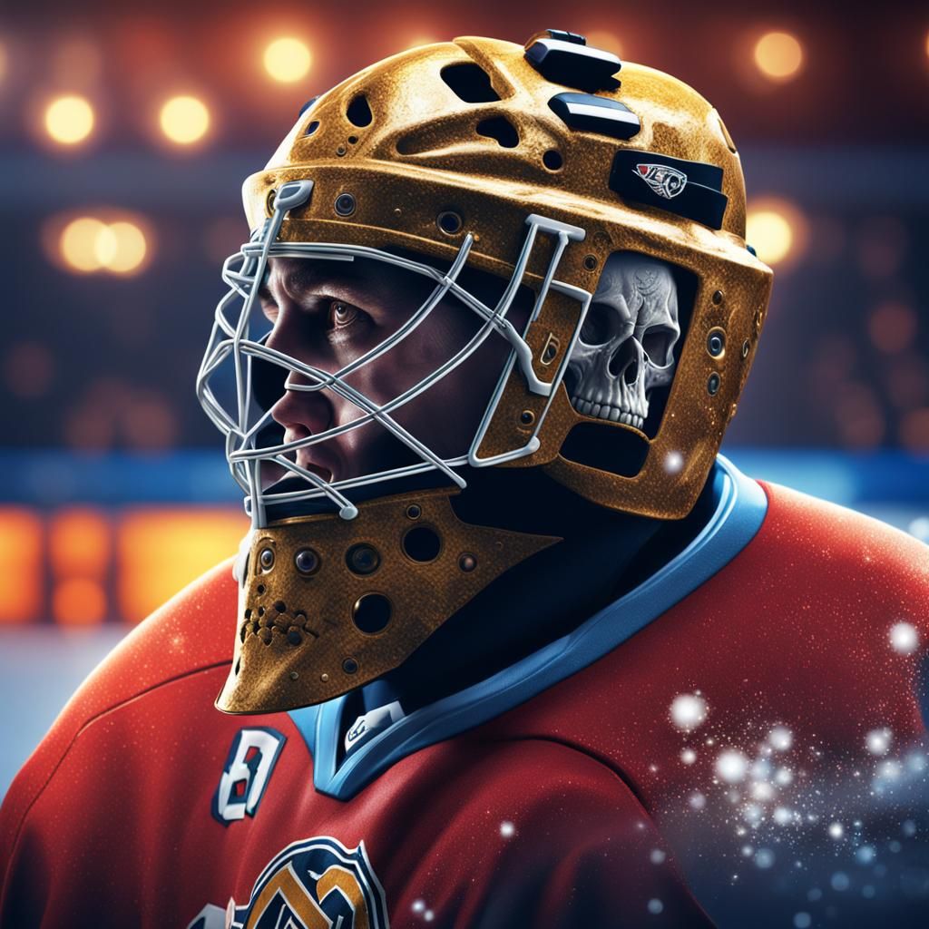 Hyperrealistic Skull Hockey Goalie in Fantasy Artwork