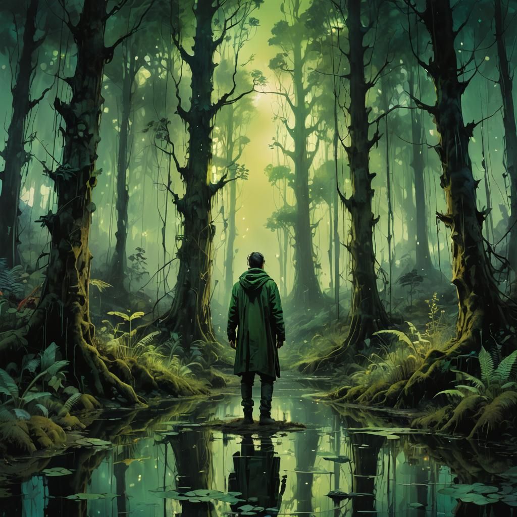 Eerie Green Light in Enchanted Forest Illustration